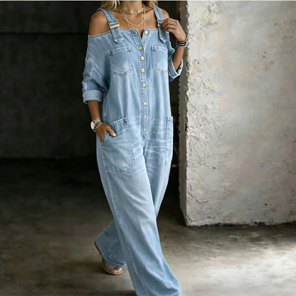 Loose Fit Wide-Leg Overall Jumpsuit with Pockets