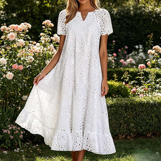 ⏰Summer Hot Sale 70% OFF💃Women Summer Ruffle Hem Floral Lace Eyelet Dress Casual Notch Neck Midi Tunic Dress with Pocket