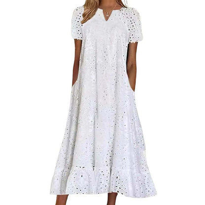 ⏰Summer Hot Sale 70% OFF💃Women Summer Ruffle Hem Floral Lace Eyelet Dress Casual Notch Neck Midi Tunic Dress with Pocket