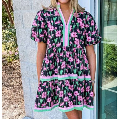 ⏰Summer Hot Sale 70% OFF💃Women's V Neck Floral Short Puff Sleeve Patchwork Casual Boho Mini Dress👍✨Soft Fabric & Comfortable Fit