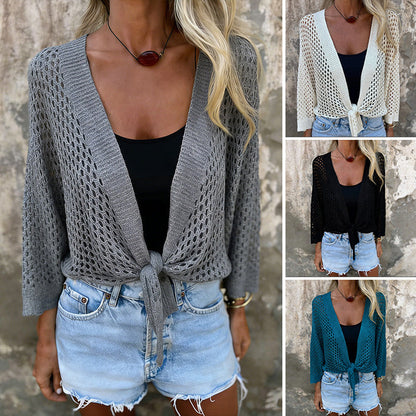 🎉2026 Hot Sale 70% OFF💞Breathable Mesh Knit Top – Tie-Front, Sun Protection & Effortless Style!✨