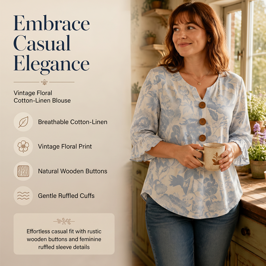 🌸👚 LIMITED-TIME 46% OFF! Women’s Vintage Floral Cotton-Linen Blouse – Breathable Comfort, Wooden Buttons & Ruffled Cuffs ✨