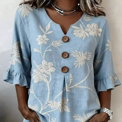🌸👚 LIMITED-TIME 46% OFF! Women’s Vintage Floral Cotton-Linen Blouse – Breathable Comfort, Wooden Buttons & Ruffled Cuffs ✨