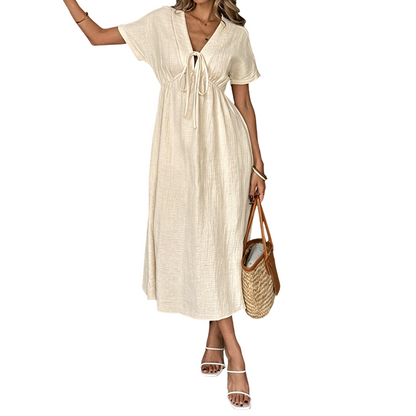📢2026 Summer Hot Sale 49% OFF🌈⏰Women's Lightweight Summer Cotton Dress V-Neck Bohemian Casual Loose Short Sleeve Drawstring Beach Dress with Pockets