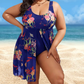 👙 LIMITED-TIME 50% OFF! 🌸Women's Leaf Floral Print One Piece Swim Dress, Tummy Control Plus Size Swimming Costume