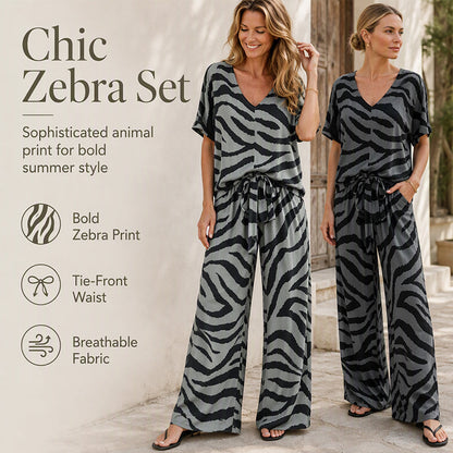 🎁2026 New Arrivals 70% OFF💥Women's Zebra Print V-Neck Top & Pants Two-Piece Set