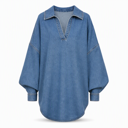 ⏳LAST DAY SALE ONLY ￡19.99!!💙 Women's Casual Loose Denim V-Neck Pullover Shirt with Batwing Sleeves and Asymmetrical Hem