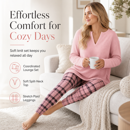 ⏳💖2026 Hot Sale 70% OFF✨🍂Fall Cozy Casual Matching Two Piece Outfit🎀☁ Women's Knit Top & Plaid Leggings Set