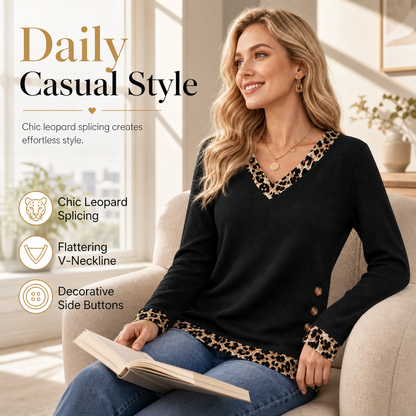 🖤Black Friday Sale:50% OFF🖤✨Women's V-Neck Leopard Trim Knit Top🐆Elegant Contrast Detail Long Sleeve Sweater