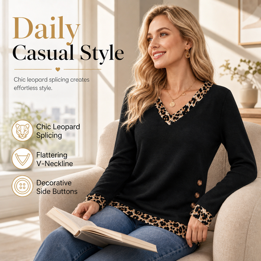 🖤Black Friday Sale:50% OFF🖤✨Women's V-Neck Leopard Trim Knit Top🐆Elegant Contrast Detail Long Sleeve Sweater