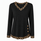 🖤Black Friday Sale:50% OFF🖤✨Women's V-Neck Leopard Trim Knit Top🐆Elegant Contrast Detail Long Sleeve Sweater