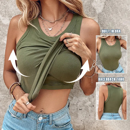 💥LAST DAY SALE 50% OFF🍃💖Round Neck Built-in Bra Ribbed Tank Top