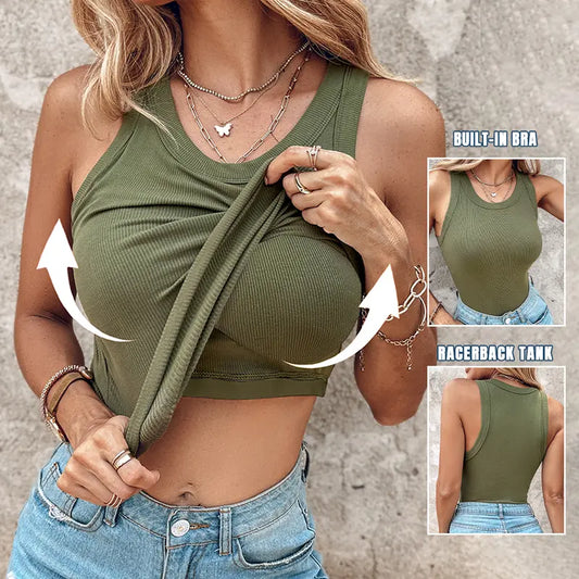 💥LAST DAY SALE 50% OFF🍃💖Round Neck Built-in Bra Ribbed Tank Top