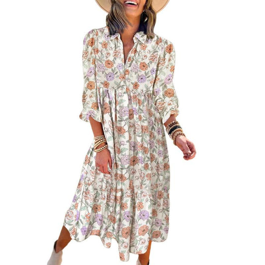 💖LAST DAY SALE 50%OFF💃Women's Long Sleeve V Neck Bohemian Midi Dress