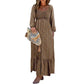 ⏰Summer Hot Sale 70% OFF💃💐Boho Floral Smocked Empire Waist Square Neck Long Sleeve Button Beach Long Maxi Dress